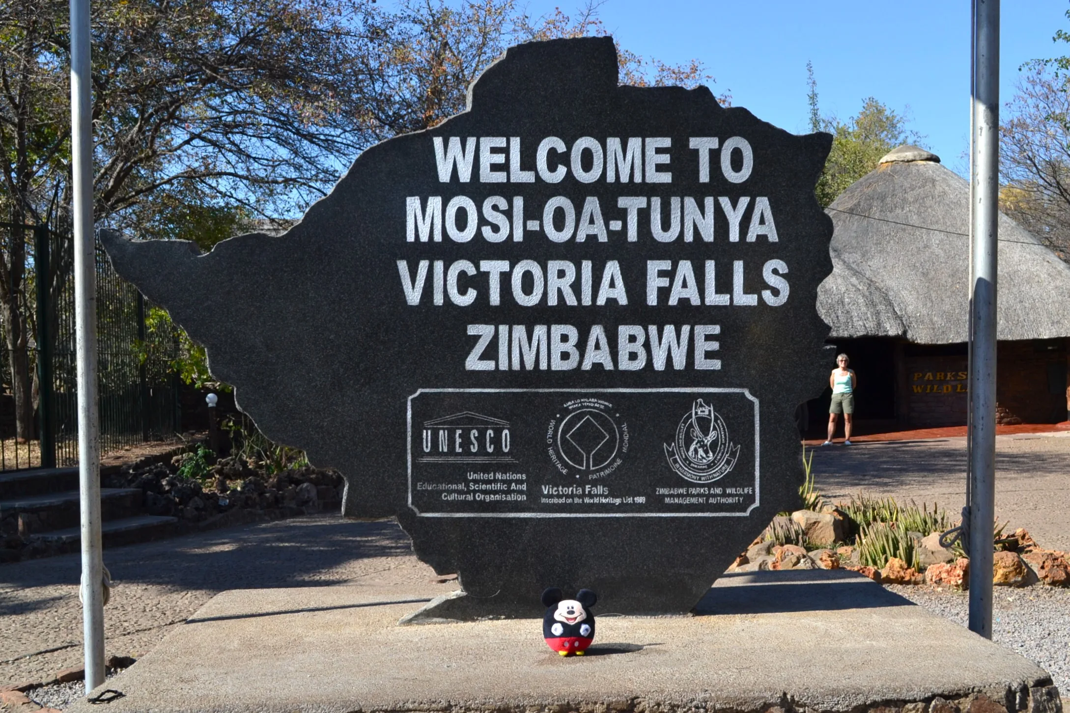 The Mosi-oa-Tunya welcome sign sculpture at Victoria Falls, Zimbabwe