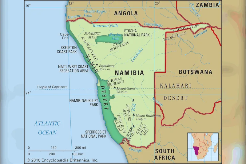Political and geographic map of Namibia